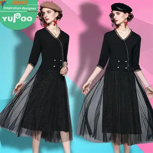 In stock 2024 new women's clothing wholesale French high cold elder sister wind waist v-neck knitted mesh dresses