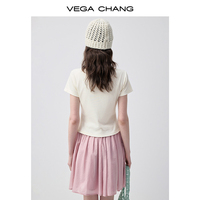 VEGA CHANG Crème Blanc à fines côtes verticales, col à revers peu profond, boutons en pierre irréguliers pastel mélangés, fente avant