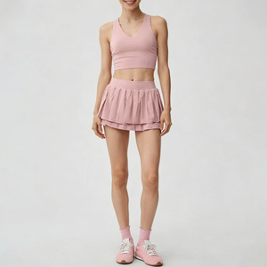 Ensemble de sport pour <span class=keywords><strong>femme</strong></span> : Soutien-gorge de yoga à col en V et jupe de <span class=keywords><strong>tennis</strong></span> plissée double couche, <span class=keywords><strong>tenue</strong></span> de sport sculptante - Product Image 3