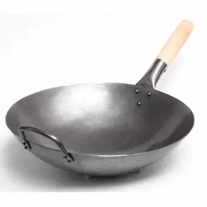 14 inch Hand Hammered german cookware Commercial Grade Carbon Steel Pow induction Wok Pan Set with Wood and Steel Helper Handle,