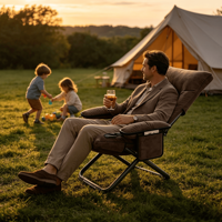 Fauteuil inclinable moderne, réglable, portable, rembourré et pliable avec accoudoirs et poche latérale, chaise de loisirs pour mobilier d'extérieur et camping