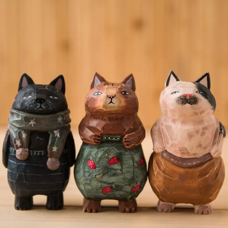 Miniature Wooden Cat Figurines with Handmade and Desk Decor Design for Christmas and Cat Lover Gift