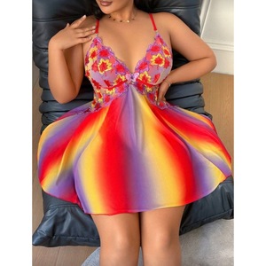 Camicia da Notte Sexy Plus Size con Scollo a V in Pizzo, Ricamo Floreale, Lingerie Trasparente in Rete per Donna, Babydoll con Spalline Sottili, 100% Cotone - Product Image 2