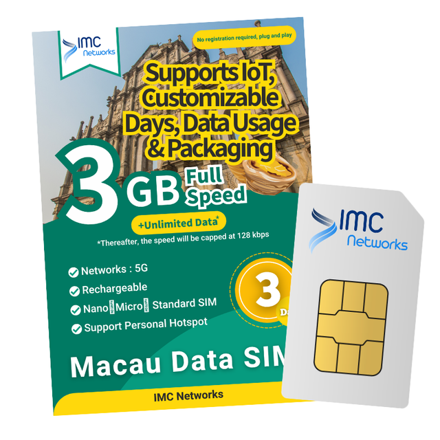 Macau 4G 5G CTM ESIM/SIM 3 Days 3GB Unlimited Data for Travel/Global Roaming & IoT M2M with 1 Year Warranty Worldwide