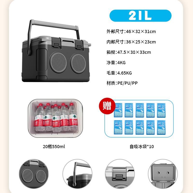 21L Black Audio Cooler Box with 10 Ice Packs