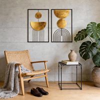 Ensemble de 2 décorations murales abstraites géométriques modernes encadrées Oniya OEM, art mural en métal doré et noir avec des motifs circulaires et linéaires