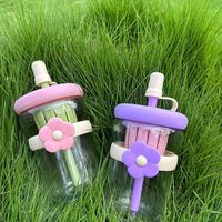Gelas Kaca Transparan dengan Sedotan dan Sarung Bunga 3D Desain Lucu 2025 untuk Jus, Susu, atau Minuman Dingin