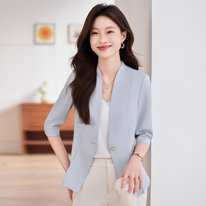 Women's Blazer Champagne-colored Solid Color Cotton No-wrinkle Treatment Spring Summer Casual Style Short Sleeve - Product Image 3