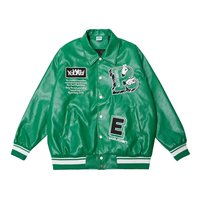 Blouson universitaire en cuir pour homme, vert et blanc, avec motifs graphiques, lettres et numéros, boutons-pression, style streetwear