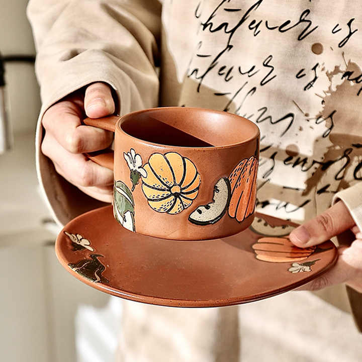 Artisan Porcelain Hand-Painted Breakfast Mug Set Long Handle Ceramic Snack Dish for Coffee and Cuppa Network Red Color