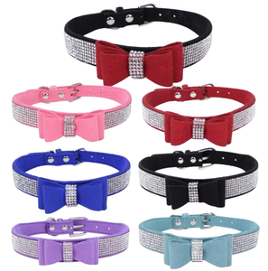 HY <span class=keywords><strong>2026</strong></span> Produk Terbaru Perlengkapan Hewan Peliharaan Kalung Kucing dan Anjing Berhias Berlian Imitasi dengan Dasi Kupu-kupu Motif Polos Kulit  Kalung Anjing Grosir - Product Image 1