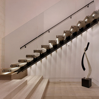Escalier moderne à monopoutre avec bande lumineuse LED, marches en bois massif, garde-corps en verre trempé de 12 mm