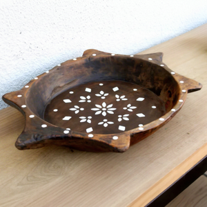 Plateau décoratif vintage indien en bois avec incrustations de os, fait main, pour bougies, serviettes de salle de bain, décoration de console ou de buffet - Product Image 1