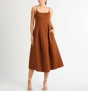 Kustom grosir gaun wanita Linen cetak kasual Sundress wanita longgar gaun panjang gaun kasual Midi untuk wanita