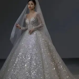 <span class=keywords><strong>Robe</strong></span> de <span class=keywords><strong>mariée</strong></span> NDB10913, col en V, robes scintillantes, <span class=keywords><strong>robe</strong></span> de <span class=keywords><strong>mariée</strong></span> française à manches longues, dentelle scintillante avec traîne - Product Image 1