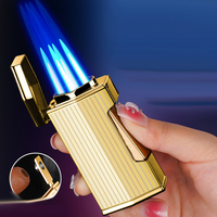 Cadeaux pour hommes, briquet à gaz butane rechargeable à quatre flammes, gravure au laser sur métal, coupe-cigares multifonctionnel, briquets coupe-vent