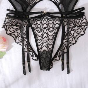 HXZ4588A Schwarz <span class=keywords><strong>3</strong></span> Stück Schwarz Damen Dessous Mode Sexy Unterwäsche Push up Durchsichtiger BH Höschen set High-End Stickerei Dessous - Product Image 6