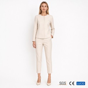 Completo da Donna Minimalista <span class=keywords><strong>in</strong></span> Misto <span class=keywords><strong>Lino</strong></span> 240GSM, Giacca Senza Colletto Monopetto e Pantaloni Affusolati, OEM XS-5XL - Product Image 1