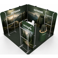 Stand d'exposition modulaire portable et personnalisé pour l'extérieur, idéal pour les marques d'équipements de camping et de randonnée