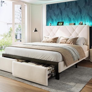 Cadre <span class=keywords><strong>de</strong></span> <span class=keywords><strong>lit</strong></span> Queen moderne avec 2 tiroirs, <span class=keywords><strong>tête</strong></span> <span class=keywords><strong>de</strong></span> <span class=keywords><strong>lit</strong></span> capitonnée avec station <span class=keywords><strong>de</strong></span> charge, capitonnage boutonné en velours, lumières LED - Product Image 3