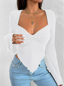 Camiseta de manga larga con cuello en V y mangas acampanadas de punto irregular para mujer, a la moda - Product Image 4