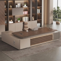 Bureau de direction moderne de luxe en forme de L avec panneau thermoformé, armoire latérale et bibliothèque LED