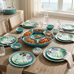 Nuevo Juego de <span class=keywords><strong>Vajilla</strong></span> de <span class=keywords><strong>Melamina</strong></span> de 12 Piezas con Diseño de Cangrejo y Coral Azul Océano para el Verano - Product Image 1