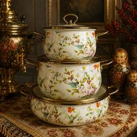 Ensemble de 3 casseroles et faitouts vintage de luxe avec garniture dorée, à double anse, en émail épaissi, pour la cuisson domestique