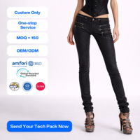 Celana Jeans Wanita OEM Custom, Pinggang Rendah, Hitam, Skinny, Stretch Denim, Slim Fit, Detail Ritsleting Dekoratif, Desainer Fashion, Streetwear