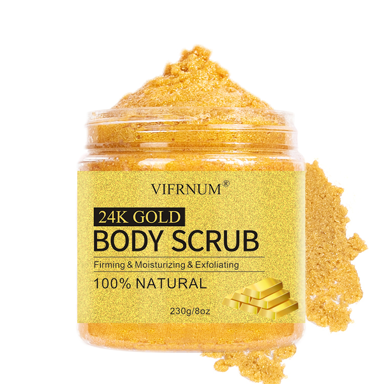 Частная этикетка 230 мл соль, скраб для тела пользовательские Осветляющий отшелушивающий с покрытыем цвета чистого 24 каратного золота скраб для тела