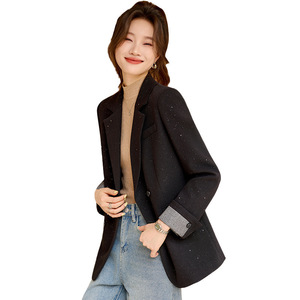 Women's Blazer Gray Solid Color Worst Fabric Professional Workwear Loose Fit Office Commute Style GDX1830 - Product Image 5