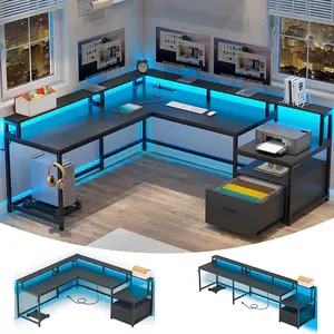 OfficeTable With File Drawer Power Outlet Gaming Corner Computer Desk L-Shaped Metal Frame Wooden Writing Office Desks