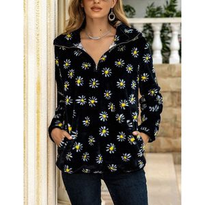 Sweat-shirt en sherpa à manches longues pour femme, fermeture éclair 1/4, imprimé floral, pull en polaire, veste d'extérieur - Product Image 3