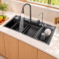 Évier de cuisine en acier inoxydable à cascade, fait main, à cuve unique, avec touches de piano et accessoires – Meilleures ventes