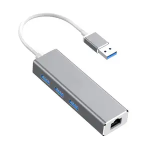 铝制3端口USB 3.0集线器，带RJ45 10/100/1000千兆以太网适配器转换器LAN用于超极本的有线USB网络适配器