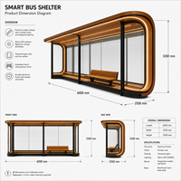 Abri de bus solaire moderne à bande LED incurvée, station d'attente de bus urbain intelligente à grain de bois
