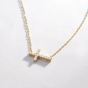 Wholesale Custom Women Fine Jewelry 925 Sterling Silver 18k Gold Plated Cz Stone Zircon Sideways Cross Pendant Necklace