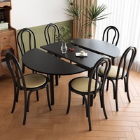 Französischer Retro-Esstisch aus Massivholz, Ausziehbar Rund/Quadratisch, Schwarzer Mid-Century Modern Tisch für Kleine Wohnungen