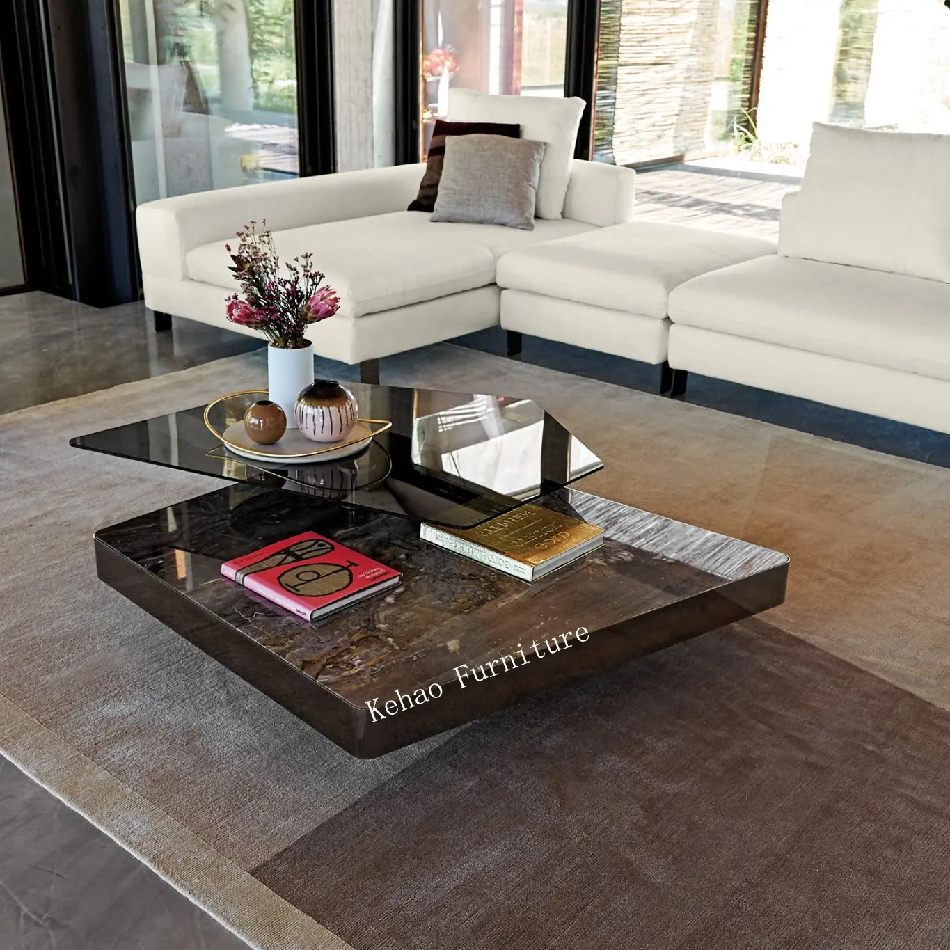 Tavolino moderno di lusso in vetro temperato di design rettangolare irregolare per soggiorno