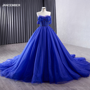 Robe de soirée longue bleu roi, corset, tulle à volants, épaules dénudées, robes de soirée formelles pour femmes, Rsm231031 - Product Image 1