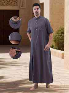 <b>Men's</b> Brown Cotton <b>Thobe</b> Short Sleeve Floor Length Shirt Collar Modest Prayer Robe Solid Color All Seasons Regular Fit - Product Image 4