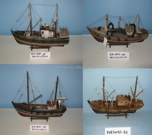 2つのスタンドマストを備えた木製漁船モデル、4セット45x14x39cm、アンティークの古い釣りの複製船/船/ヨットモデル