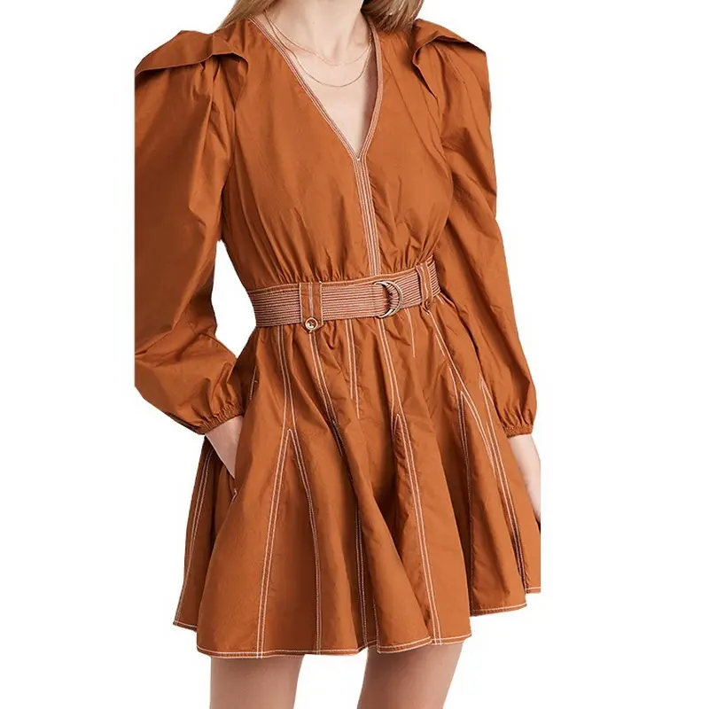 Minivestido de algodón elegante con mangas abullonadas de color sólido con peplum y falda tipo túnica informal de verano personalizado de lujo OEM para mujer
