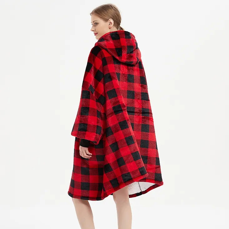 Women's Plush Bathrobe Soft Flannel and Sherpa Wool Plaid with Pattern Oversized Hoodie Adults