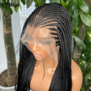 Perruques tressées à la main 13x6 noires longues pour femmes afro-américaines, micro-tresses, perruque synthétique Lace Front couleur noire, raie libre - Product Image 4