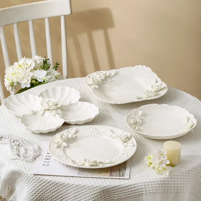 Plato de cerámica con relieve Vintage, vajilla Floral para fiesta de boda, restaurante, cena, bandeja de postre