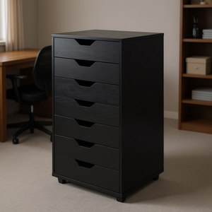 Armoire de classement mobile en bois à 7 tiroirs, chariot de rangement de bureau noir, design minimaliste, type sur pied, 33x15x85cm - Product Image 2