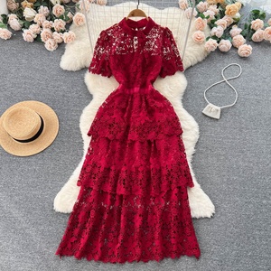 Estate donna leggera matura temperamento rosso del vento pizzo con senso del Design abito a maniche corte gonna lunga peplo a linea ragazza <span class=keywords><strong>Dre</strong></span> - Product Image 1