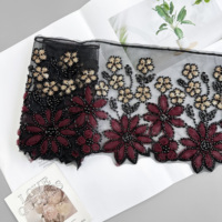 Garniture en dentelle florale perlée noire en gros |   Dentelle brodée de perles faite à la main pour vêtements Abaya et accessoires de robe de soirée