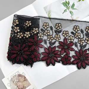 Passamaneria in pizzo floreale nero con perline all'ingrosso |   Pizzo Ricamato a Mano con Perle per Abaya e <span class=keywords><strong>Accessori</strong></span> per <span class=keywords><strong>Abiti</strong></span> <span class=keywords><strong>da</strong></span> <span class=keywords><strong>Sera</strong></span> - Product Image 3